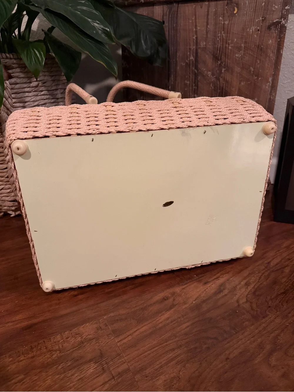 Vintage Woven Wicker Sewing Basket With Dual/Hinged Lid And Cream Tapestry Top